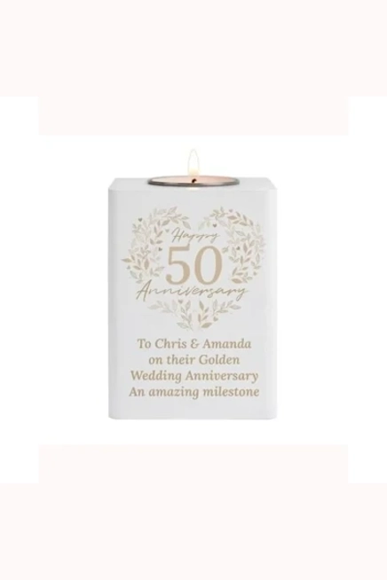 Personalised 50th Golden Wedding Anniversary Wooden Tea Light Holder