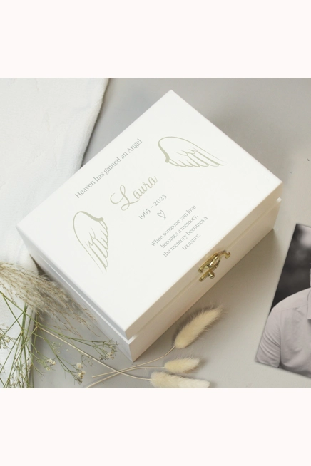 Personalised Angel Wings Memorial White Wooden Box