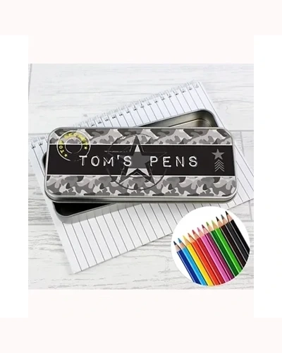Personalised Army Camo Pencil Tin with Pencil Crayons