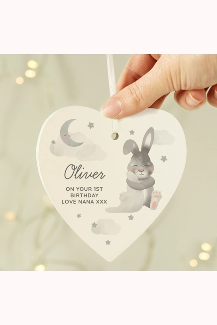 Personalised Baby Bunny Wooden Heart Decoration