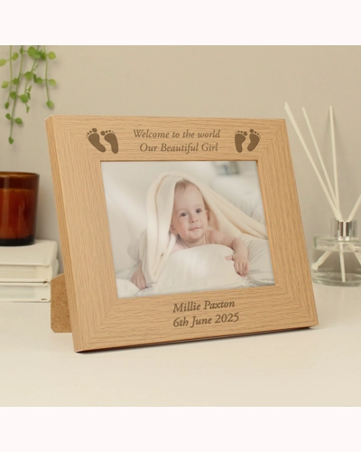 Personalised Baby Feet 5x7 Landscape Oak Finish Photo Frame