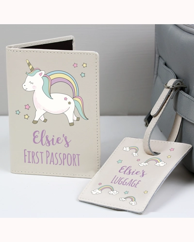Personalised Baby Unicorn Cream Passport Holder & Luggage Tag Set