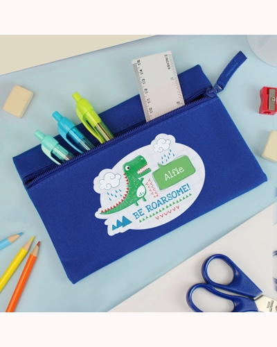 Personalised 'Be Roarsome' Dinosaur Blue Pencil Case