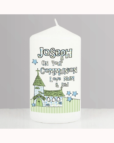 Personalised Blue Church Pillar Candle