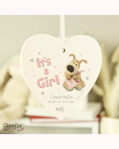 Personalised Boofle It's a Girl Wooden Heart Decoration