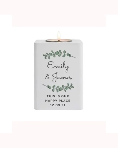 Personalised Botanical White Wooden Tea Light Holder