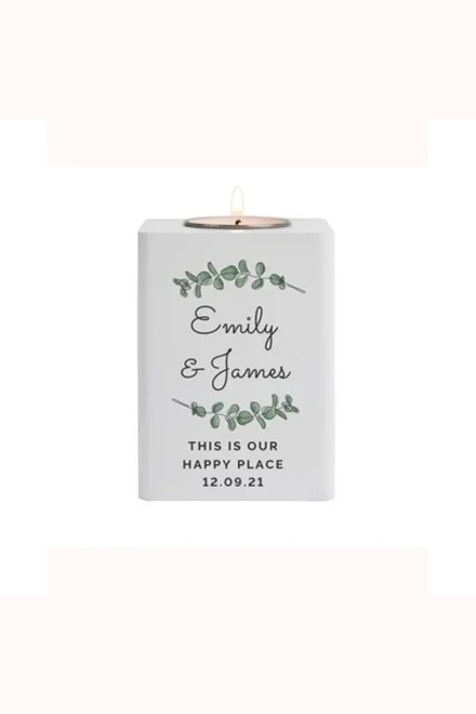 Personalised Botanical White Wooden Tea Light Holder