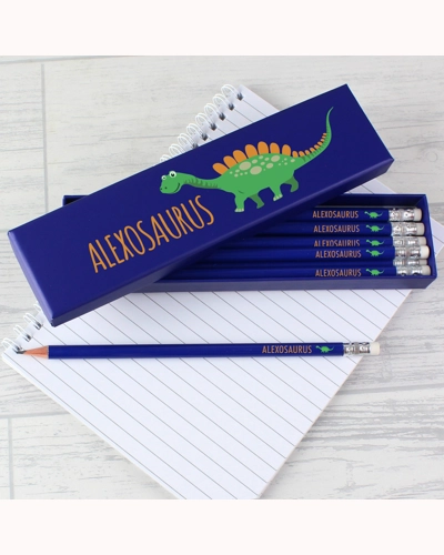 Personalised Dinosaur Box of 12 Blue HB Pencils