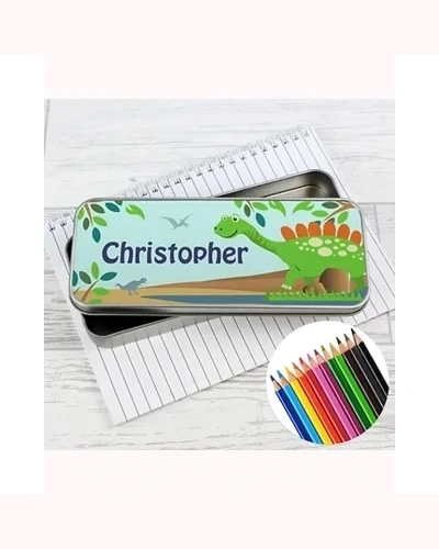 Personalised Dinosaur Pencil Tin with Pencil Crayons