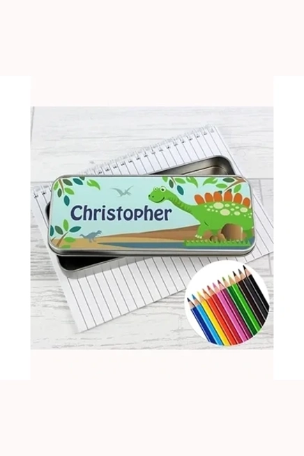 Personalised Dinosaur Pencil Tin with Pencil Crayons