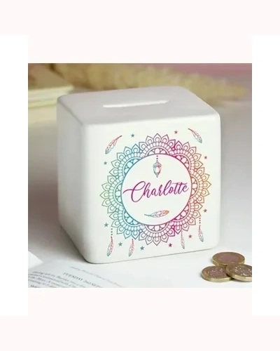 Personalised Dreamcatcher Ceramic Square Money Box