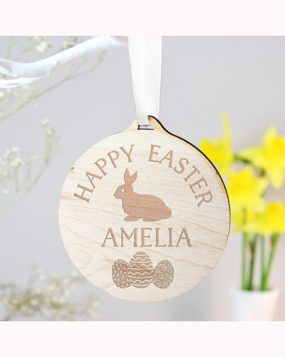 Personalised Easter Bunny Round Wooden Decoration