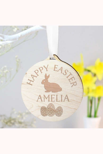 Personalised Easter Bunny Round Wooden Decoration