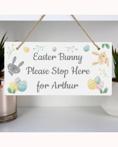 Personalised Easter Bunny Stop Here Wooden Sign