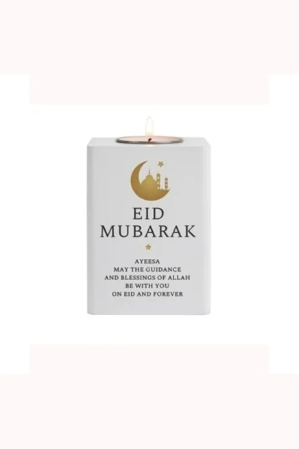 Personalised Eid White Wooden Tea Light Holder