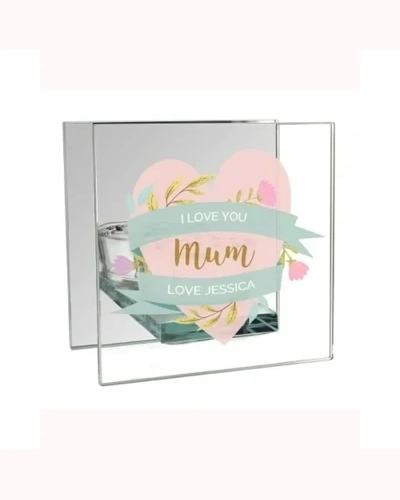 Personalised Floral Heart Mirrored Glass Tea Light Holder