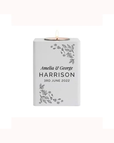 Personalised Floral Leaf White Wooden Tea Light Holder