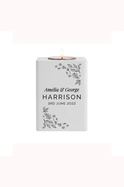 Personalised Floral Leaf White Wooden Tea Light Holder