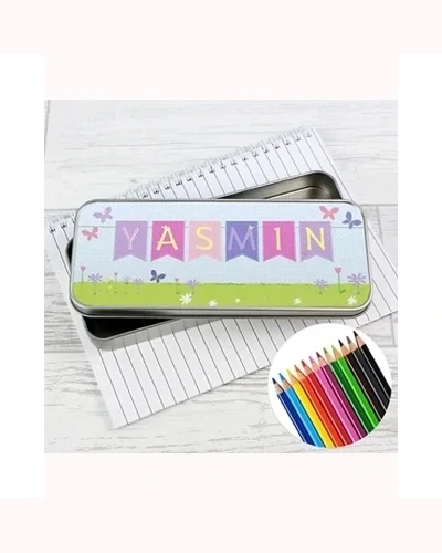 Personalised Garden Bunting Pencil Tin with Pencil Crayons