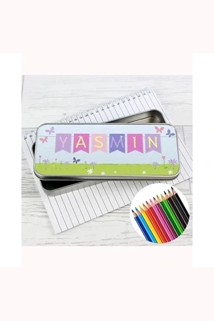 Personalised Garden Bunting Pencil Tin with Pencil Crayons