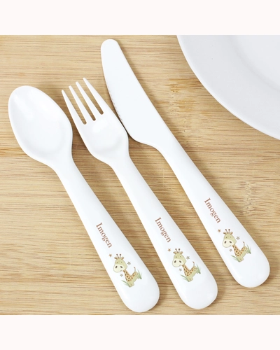 Personalised Hessian Giraffe 3 Piece Plastic Cutlery Set