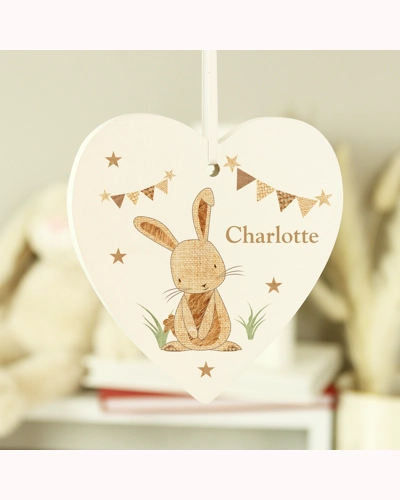Personalised Hessian Rabbit Wooden Heart Decoration