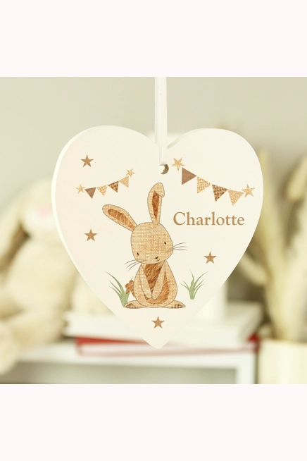 Personalised Hessian Rabbit Wooden Heart Decoration