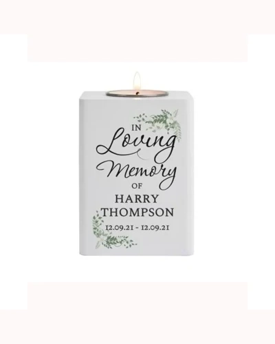 Personalised In Loving Memory White Wooden Tea Light Holder