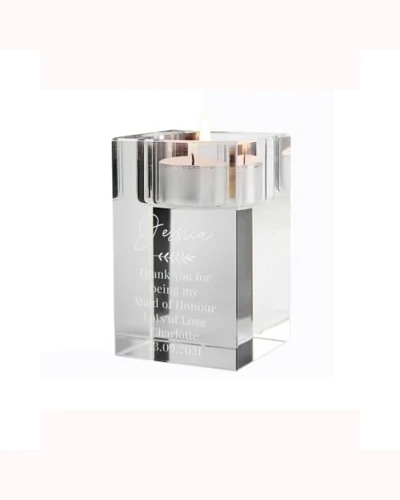 Personalised Leaf Free Text Glass Tea Light Holder