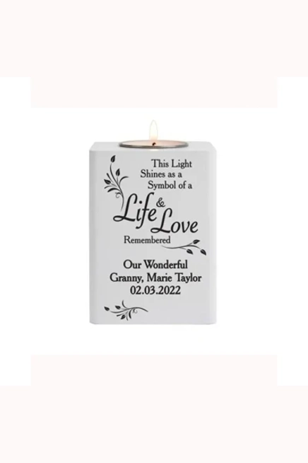 Personalised Life & Love White Wooden Tea Light Holder