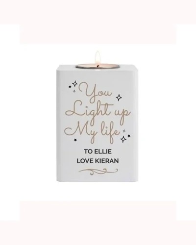 Personalised Light Up My Life White Wooden Tea Light Holder