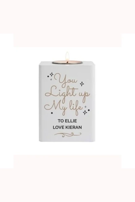 Personalised Light Up My Life White Wooden Tea Light Holder