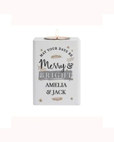 Personalised Merry & Bright White Wooden Tea Light Holder