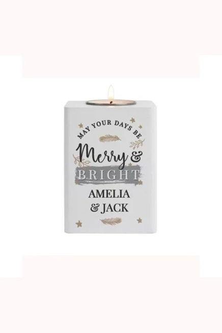 Personalised Merry & Bright White Wooden Tea Light Holder