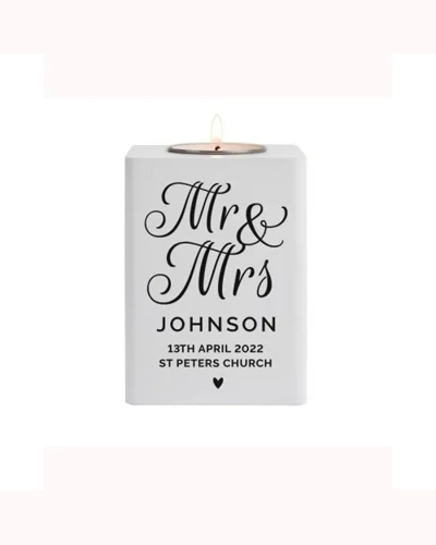 Personalised Mr & Mrs White Wooden Tea Light Holder