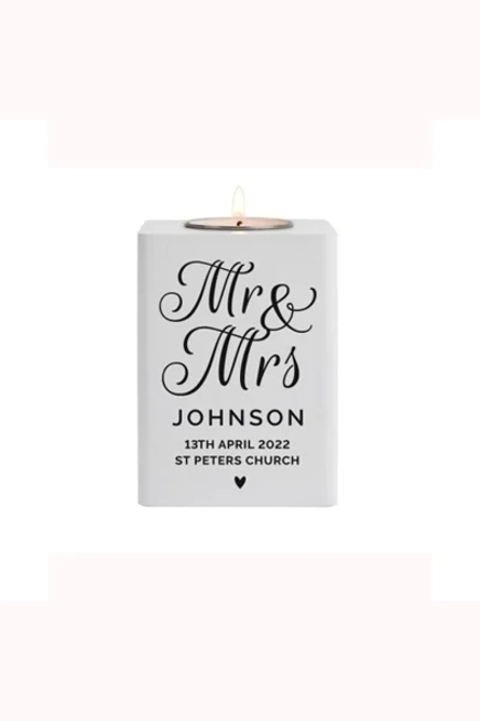 Personalised Mr & Mrs White Wooden Tea Light Holder