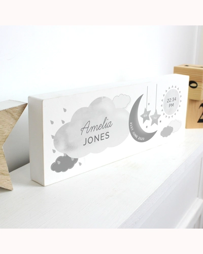 Personalised New Baby Moon & Stars Wooden Mantel Decoration
