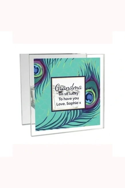 Personalised Peacock Mirrored Glass Tea Light Candle Holder