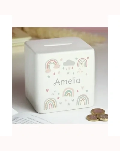 Personalised Rainbow Ceramic Square Money Box