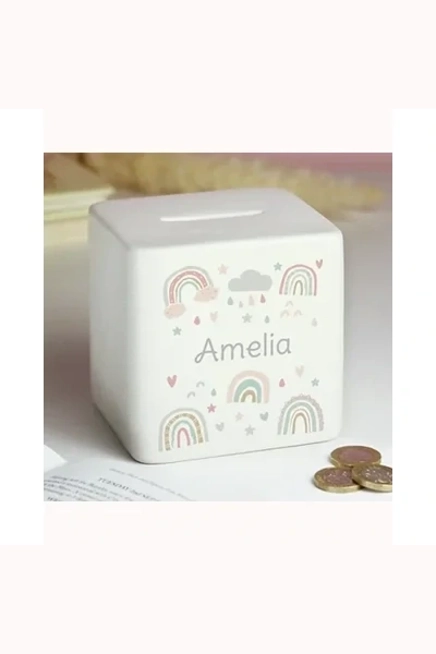 Personalised Rainbow Ceramic Square Money Box