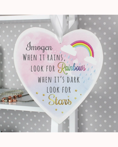 Personalised Rainbows and Stars Large Wooden Heart Decoration