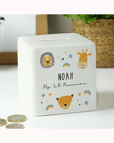 Personalised Scandi Safari Animals Ceramic Square Money Box Personalised Scandi Safari Animals Ceramic Square Money Box