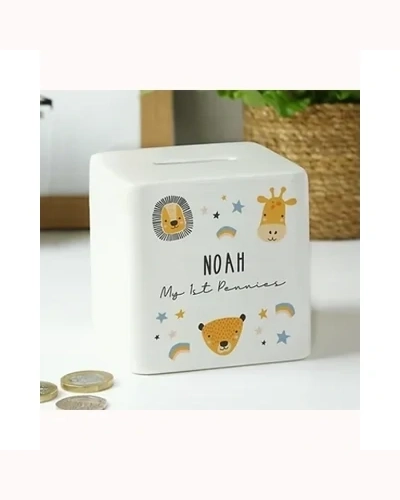Personalised Scandi Safari Animals Ceramic Square Money Box