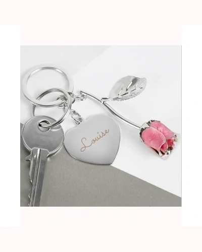 Personalised Silver Plated Name Pink Rose Keyring