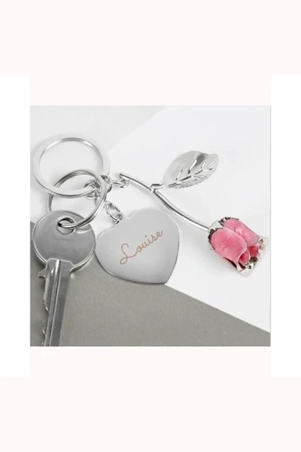 Personalised Silver Plated Name Pink Rose Keyring