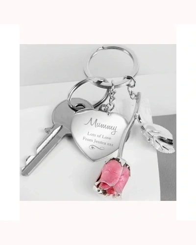 Personalised Silver Plated Swirls & Hearts Pink Rose Keyring