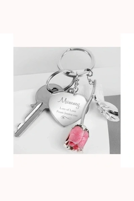 Personalised Silver Plated Swirls & Hearts Pink Rose Keyring