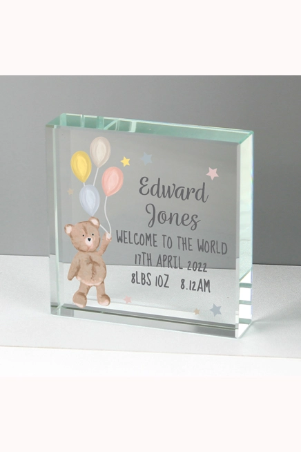 Personalised Teddy & Balloons Crystal Token