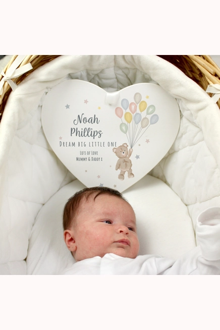 Personalised Teddy & Balloons White Wooden Heart