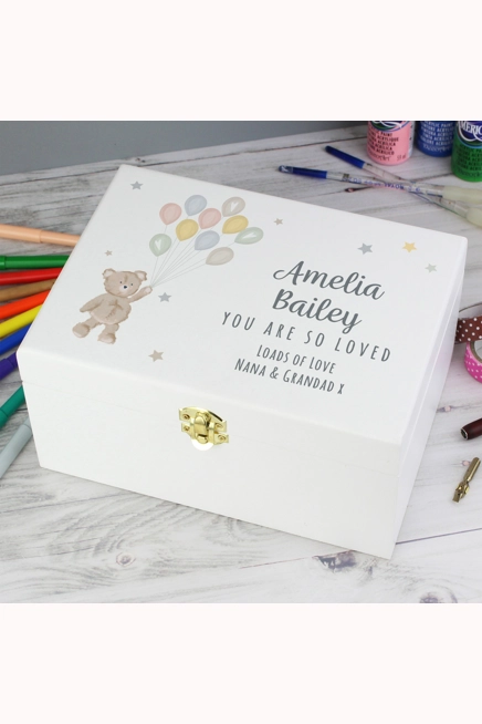 Personalised Teddy & Balloons White Wooden Keepsake Box